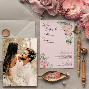 Blush Floral Pink Photo We're Engaged Invitation