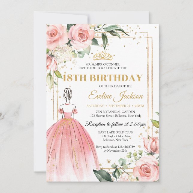 Blush floral pink princess dress gold tiara 18th invitation (Front)