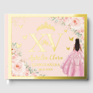 Blush Floral Pink Quinceañera Quince 15 XV Gold Guest Book