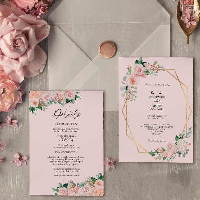 Blush Floral Pink Simple All In One Wedding Invitation (Creator Uploaded)
