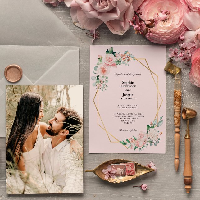 Blush Floral Pink Simple Photo Wedding Invitation (Creator Uploaded)