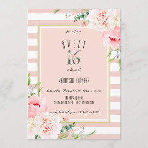 Blush Floral Pink Stripe Sweet Sixteen Birthday Invitation