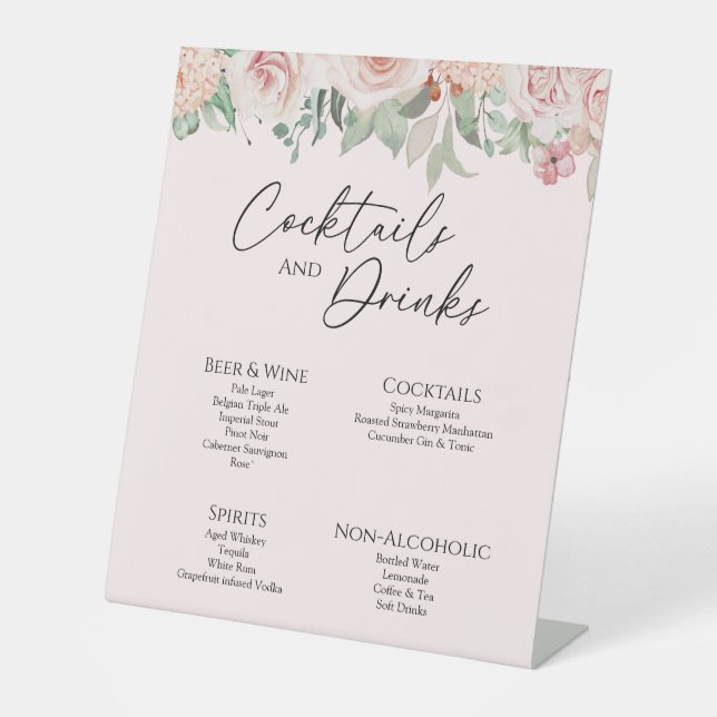 Blush Floral Pink Wedding Drinks Bar Sign (Front)