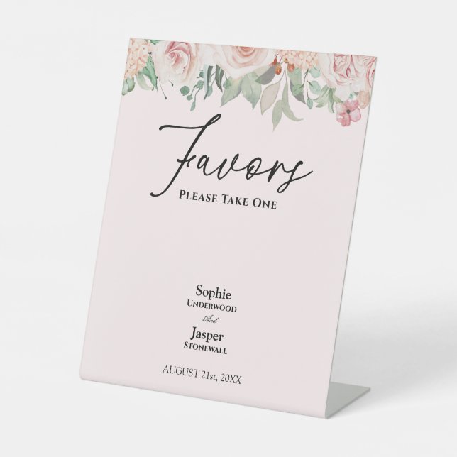 Blush Floral Pink Wedding Favours Pedestal Sign (Front)