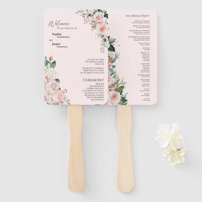 Blush Floral Pink Wedding Program Fan (Front and Back)