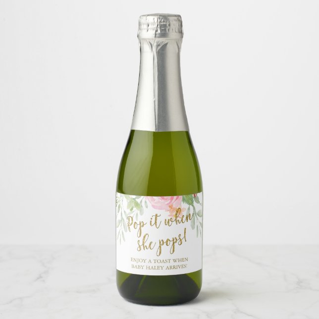 Blush Floral Pop It When She Pops Girl Baby Shower Sparkling Wine Label (Front)
