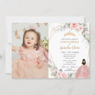 Blush Floral Princess Cincoañera 5 Birthday Photo Invitation