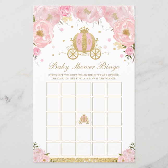 Blush Floral Princess Coach Baby Shower Bingo Game (Front)