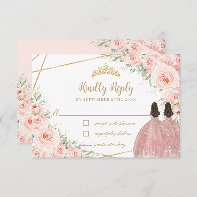 Blush Floral Princess Quinceañera Twins Birthday RSVP Card (Front/Back)