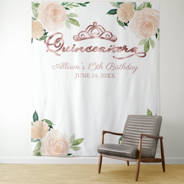 Blush Floral Quinceanera Backdrop Tapestry (In Situ)