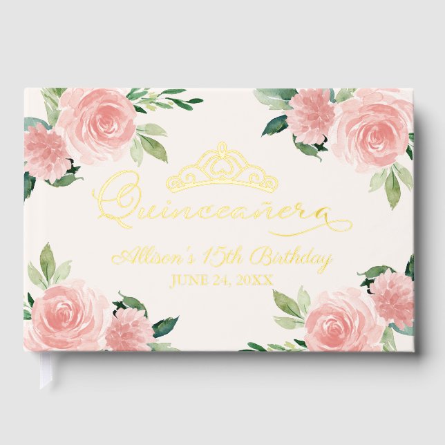 Blush Floral Quinceanera Guest Book (Front)