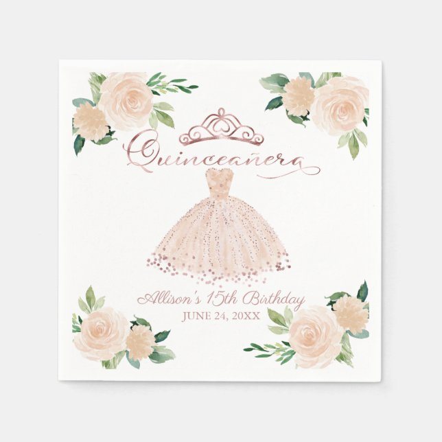 Blush Floral Quinceanera Napkin (Front)