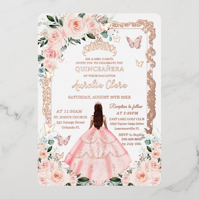 Blush Floral Quinceañera Princess Dress Rose Gold (Front)