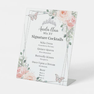 Blush Floral Quinceañera Sweet 16 Cocktails Menu Pedestal Sign