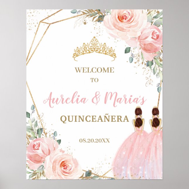Blush Floral Quinceañera Twins Joint Birthday Poster (Front)