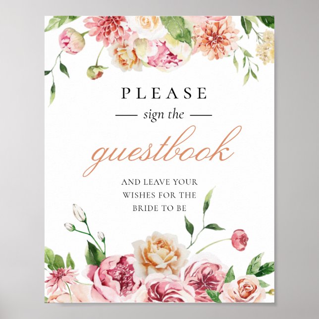 Blush Floral Romantic Bridal Shower Guestbook Sign (Front)
