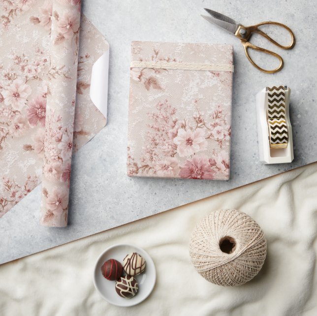 Blush Floral Romantic Lace-Inspired Wrapping Paper (Crafts)