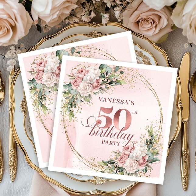 Blush Floral Rose Gold 50th Birthday Beverage   Napkin (Blush Floral Rose Gold 50th Birthday Beverage Napkins)