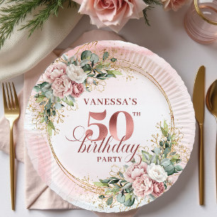 Blush Floral Rose Gold 50th Birthday Party Plates
