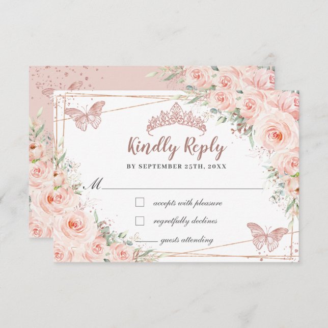Blush Floral Rose Gold Butterfly Quinceañera Reply RSVP Card (Front/Back)
