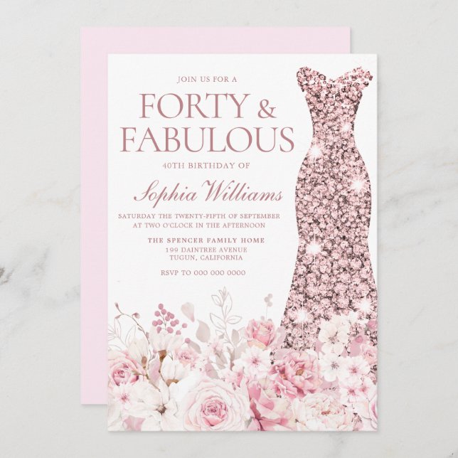 Blush Floral & Rose Gold Dress 40th Birthday Party Invitation (Front/Back)