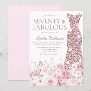 Blush Floral & Rose Gold Dress 70th Birthday Party Invitation