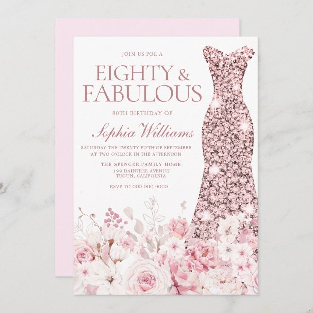 Blush Floral & Rose Gold Dress 80th Birthday Party Invitation (Front/Back)