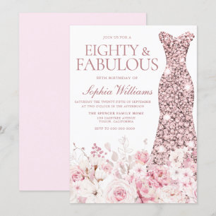 Blush Floral & Rose Gold Dress 80th Birthday Party Invitation
