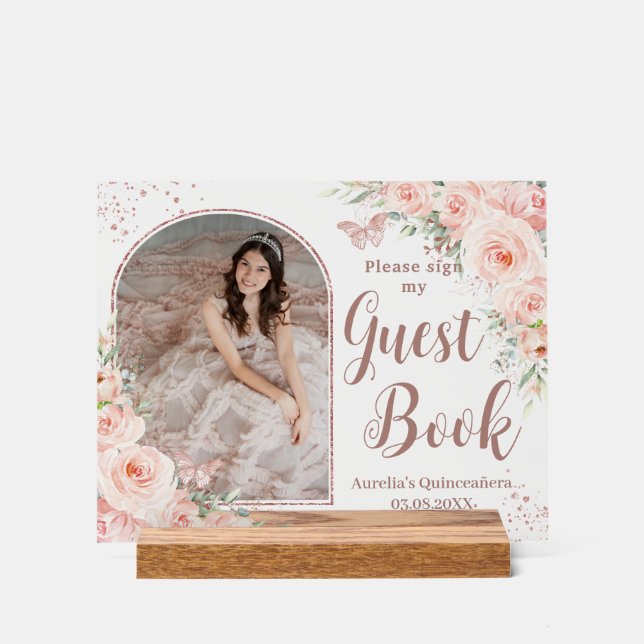 Blush Floral Rose Gold Quinceanera 16 Guest Book  Acrylic Sign (Front)
