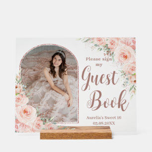 Blush Floral Rose Gold Quinceanera 16 Guest Book Acrylic Sign