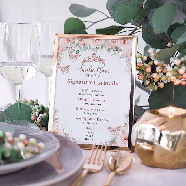 Blush Floral Rose Gold Quinceanera Bar Drink Menu Poster (Creator Uploaded)