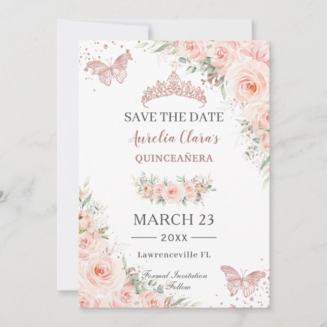 Blush Floral Rose Gold Quinceanera Butterflies Save The Date (Front)