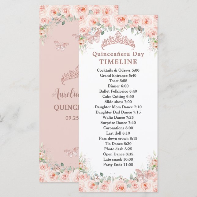 Blush Floral Rose Gold Quinceanera Day Timeline Program (Front/Back)