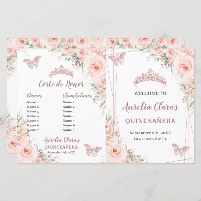 Blush Floral Rose Gold Quinceanera Events Program (Front/Back)