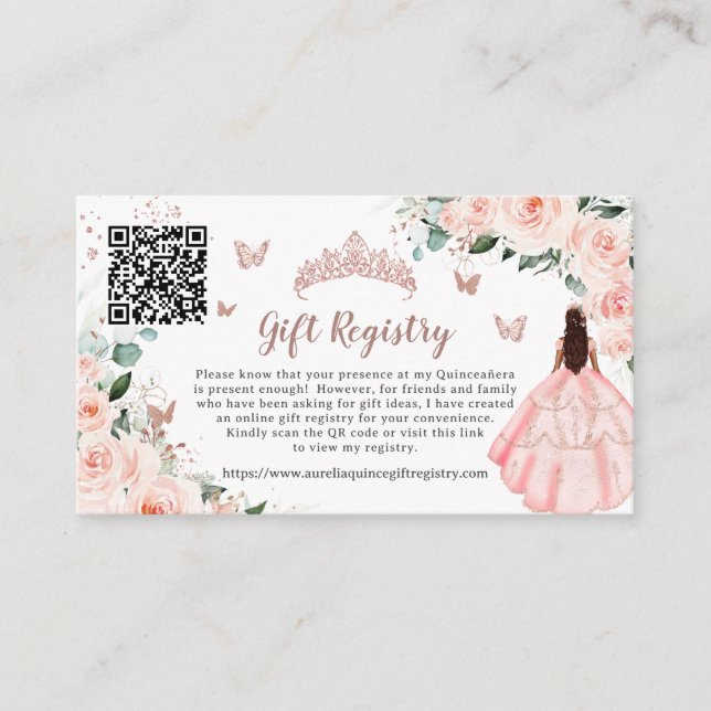 Blush Floral Rose Gold Quinceañera Gift Registry Enclosure Card (Front)