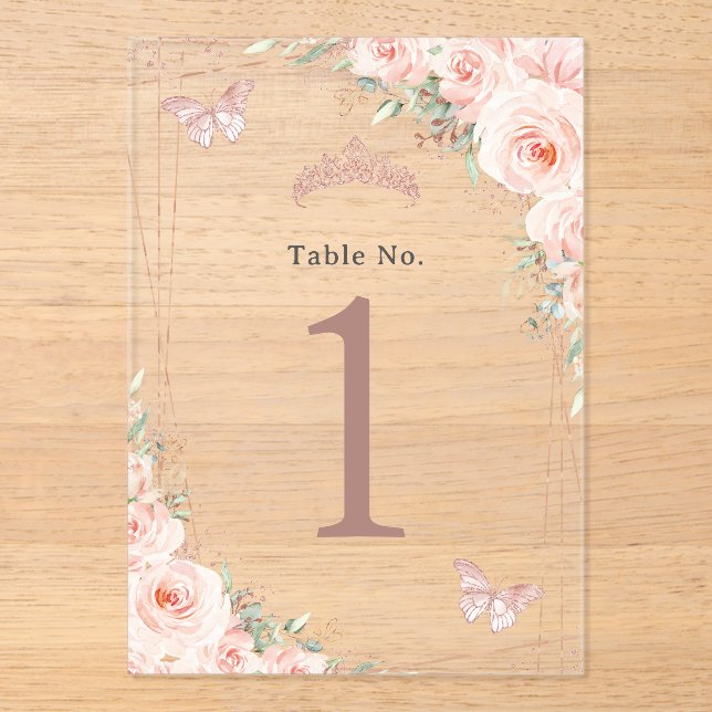 Blush Floral Rose Gold Quinceanera XV Table Number (Front)