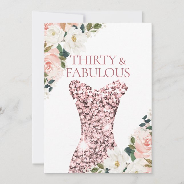 Blush Floral Rose Gold Sparkle Dress 30th Birthday Invitation (Front)