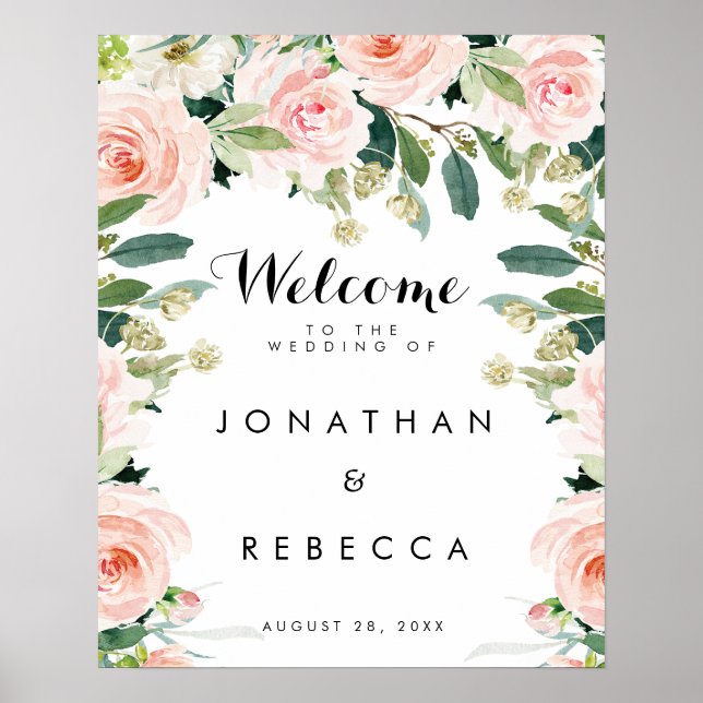 blush floral roses wedding welcome sign poster (Front)