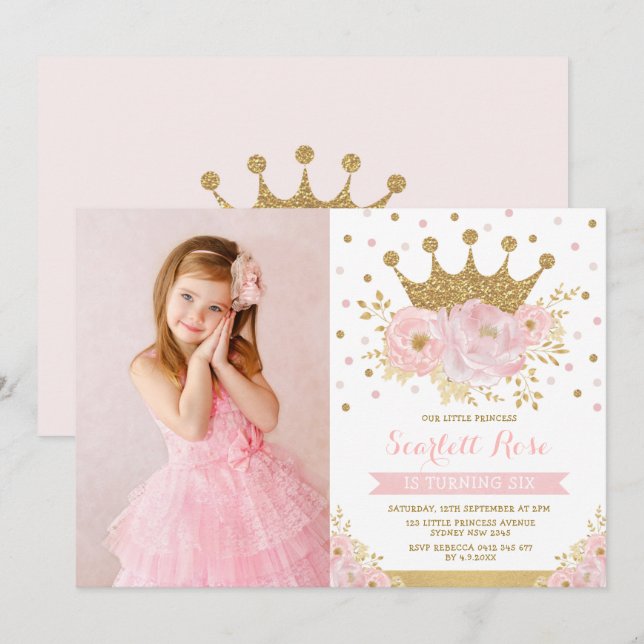 Blush Floral Royal Crown Princess Birthday Party Invitation (Front/Back)