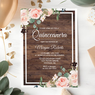 Blush Floral Rustic Wood Quinceanera 15th Invitation