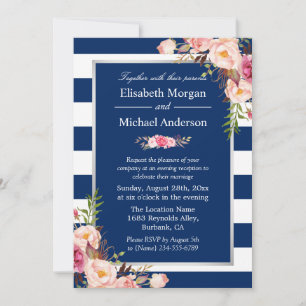Blush Floral Silver Navy Blue Stripes Wedding Invitation