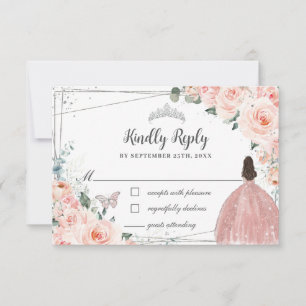 Blush Floral Silver QUINCEAÑERA Dress Butterflies RSVP Card