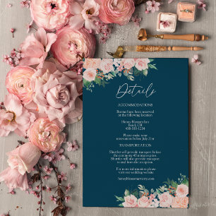 Blush Floral Simple Navy Wedding Details Enclosure Card