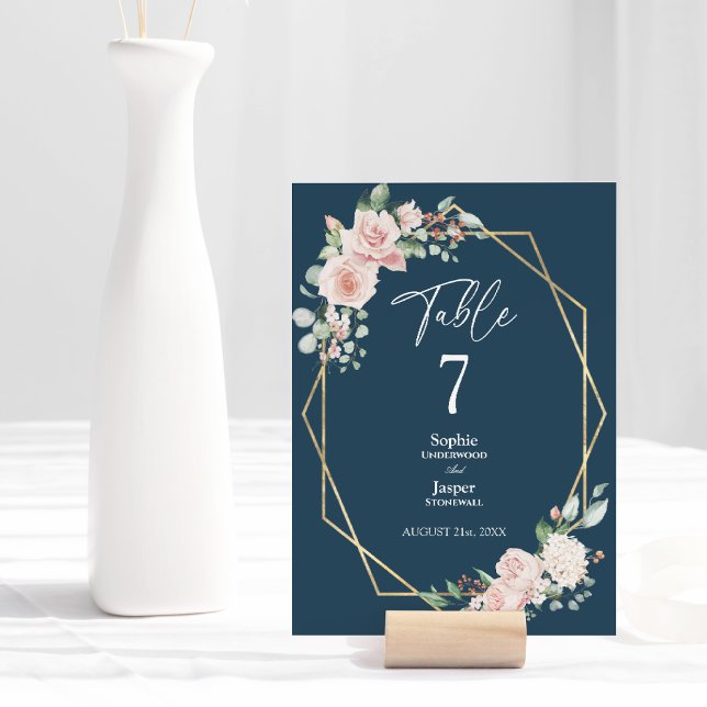 Blush Floral Simple Navy Wedding Table Number (Creator Uploaded)