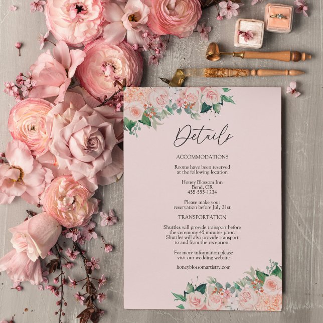 Blush Floral Simple Pink Wedding Details Enclosure Card (Creator Uploaded)