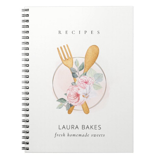 Blush Floral Spoon Fork Bakery Catering Recipe Notebook (Front)