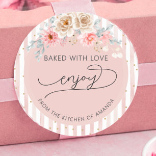 Blush floral stripes custom Bakery packaging Classic Round Sticker