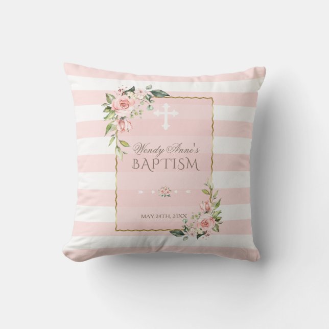 Blush Floral Stripes Gold Frame Baptism Monogram Cushion (Front)