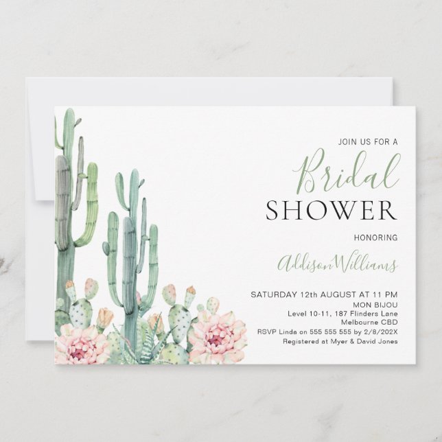 Blush Floral Succulents Cactus Bridal Shower Invitation (Front)