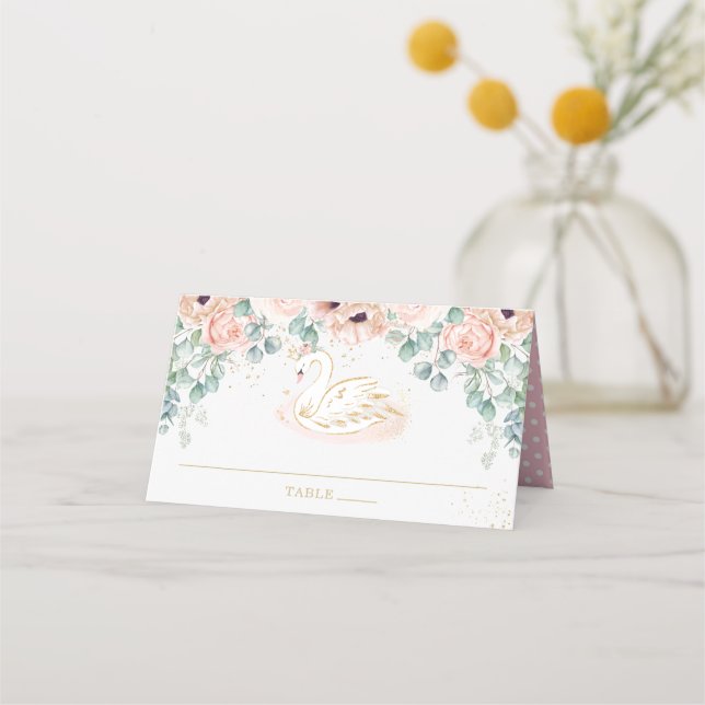 Blush Floral Swan Princess Baby Shower Birthday Place Card (Front)